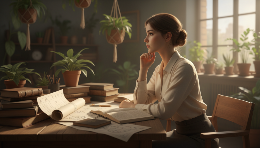 A serene, introspective young woman embodying the essence of the Virgo zodiac, seated at a wooden desk cluttered with books and astrological charts. She has an analytical gaze and is dressed in modest, professional attire. Her expression is thoughtful, hinting at her complexity, with a soft-focus background showcasing a cozy room filled with plants and warm light filtering through a window. The light casts gentle shadows, creating an atmosphere of contemplation and wisdom. The color palette features soft earth tones, symbolizing stability and grounding. The angle captures her profile, emphasizing her distant yet reflective demeanor, encapsulating the theme of emotional introspection.