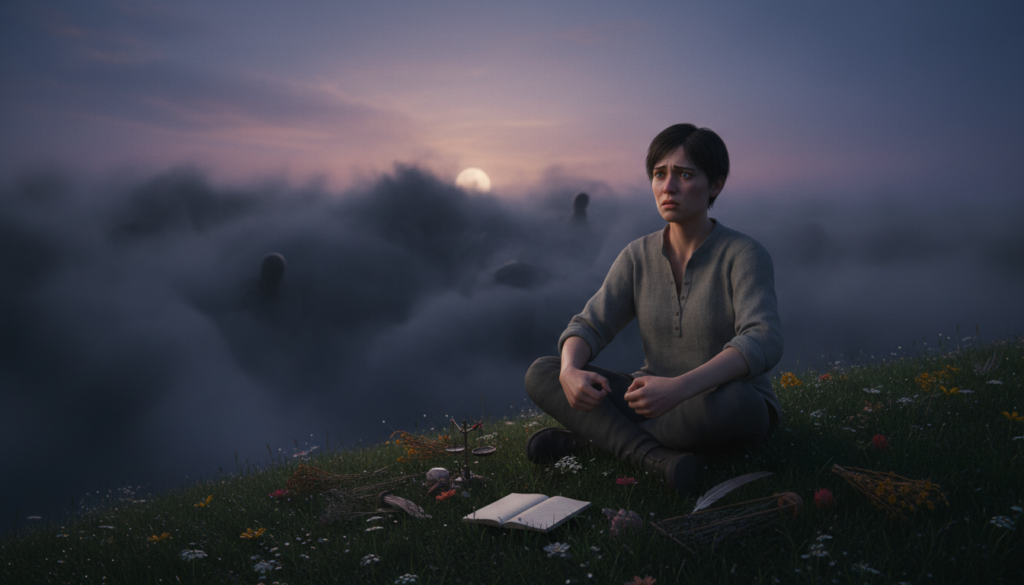 A serene landscape depicting a Virgo-themed scene representing "fear." In the foreground, a figure in modest casual clothing sits cross-legged on a lush, green hilltop, embodying contemplation and introspection. Their expression reflects a deep sense of anxiety, with clenched hands resting on their knees. In the middle ground, a heavy, dark mist rolls in, symbolizing hidden fears, while faint silhouettes of shadows loom just beyond, suggesting the weight of unacknowledged emotions. The background features a twilight sky with soft, diffused lighting, casting a calming yet eerie glow over the scene. The overall mood conveys a blend of tension and tranquility, inviting the viewer to reflect on the balance of fear and essence within Virgo. The image should be well-composed with a slightly angled perspective to enhance depth.