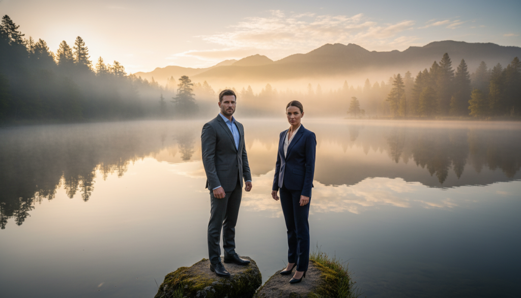 A serene landscape depicting a calm lake at dawn, symbolizing peace on the surface. In the foreground, a pair of professionals in business attire stand confidently, their expressions showing inner intensity and focus, contrasting with the tranquil surroundings. The middle ground features soft, misty trees gently reflecting in the water, while the background showcases distant mountains bathed in warm, golden light. The scene is illuminated with soft morning sunlight, casting gentle shadows and creating a harmonious atmosphere. The overall mood conveys a sense of serenity mixed with underlying tension, representing the duality of avoiding conflict while maintaining inner strength. The composition should be captured from a slightly elevated angle to enhance depth and perspective.