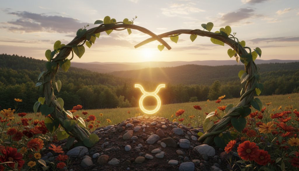 A serene landscape depicting the Earth element, characterized by lush greenery and subtle earthy tones. In the foreground, a pair of intertwined vines, symbolizing the connection between Capricorn and Taurus, gently framed by clusters of vibrant earth-toned flowers. In the middle ground, a beautiful Taurus symbol, softly glowing, nestled amongst rich soil and small stones, representing strength and stability. The background features a gently rolling hill under a soft, warm sunset, casting a golden hue over the scene. The atmosphere is tranquil and harmonious, evoking a sense of groundedness and compatibility. The lighting is soft and ethereal, creating an inviting mood, captured with a wide-angle lens to encompass the entire earthy landscape without any human figures or disruptive elements.