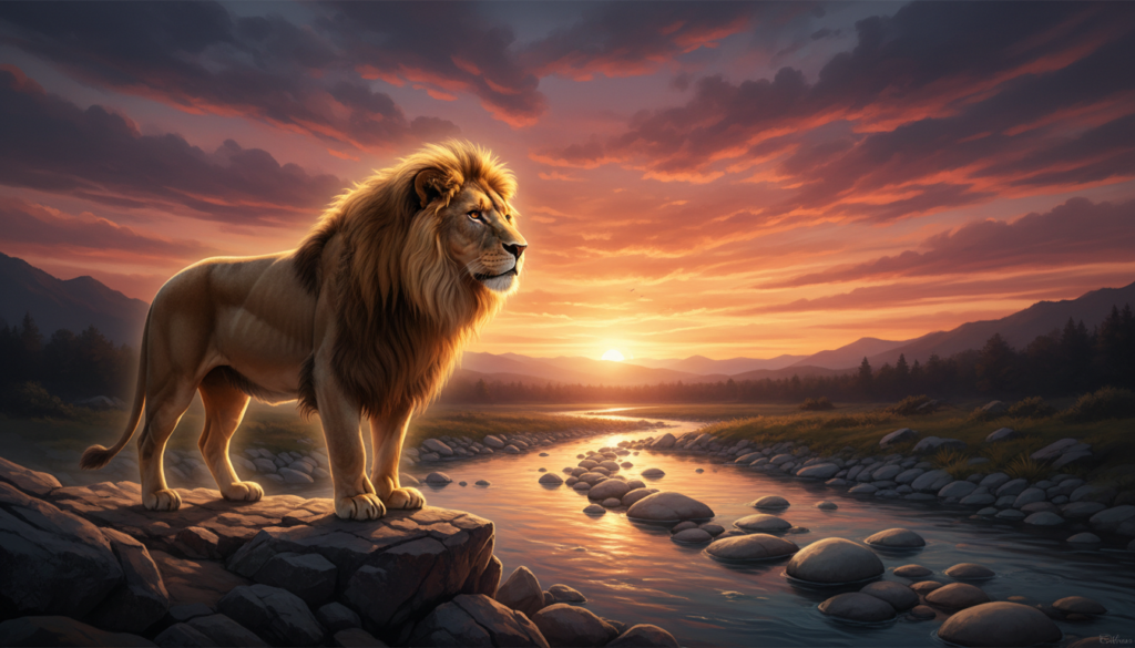 A serene landscape in the foreground featuring a majestic lion, symbolizing the zodiac sign Leo, standing on a rocky outcrop gazing thoughtfully into the distance. The lion is enveloped by a warm golden glow, representing spiritual awakening and karma. In the middle ground, a gentle flowing river symbolizes the passage of life, with small stones representing key lessons. The background is painted with a vibrant sunset, casting hues of orange and purple across the sky, evoking a sense of reflection and growth. The lighting is soft and ethereal, enhancing the mood of introspection and evolution. The scene is captured with a wide-angle lens, allowing for a deep perspective, inviting viewers to contemplate their spiritual journey.