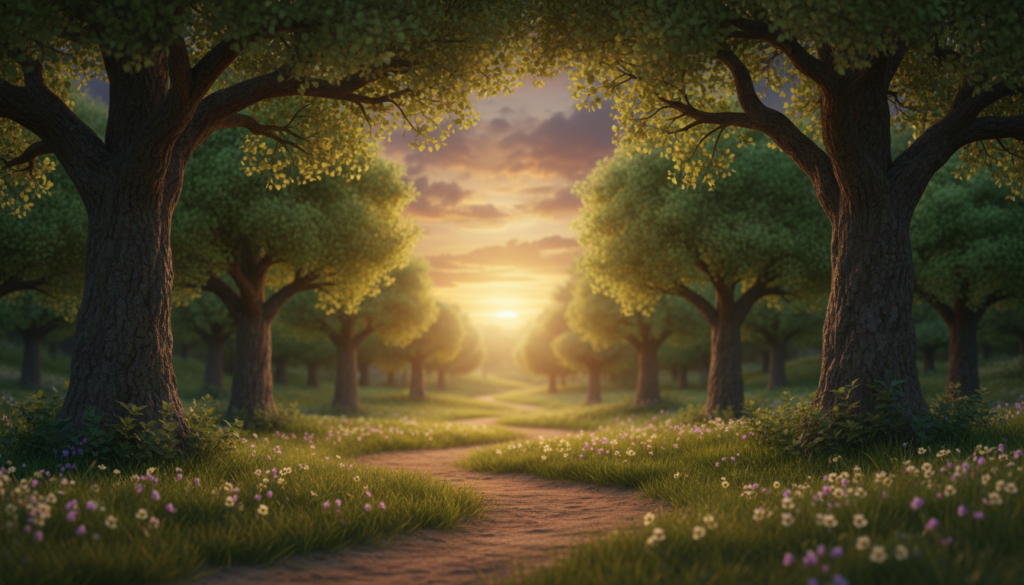 A serene landscape representing a "camino," a winding path through a lush, verdant forest, symbolizing the journey of Virgo as a mutable sign. In the foreground, soft, sunlit grass borders the path, dotted with delicate wildflowers in shades of lavender and ivory. The middle ground features the gently meandering camino lined with ancient, majestic trees that evoke a sense of deep wisdom and grounding. The background displays a hazy, ethereal horizon where soft clouds meet a vibrant sunset, casting warm golden and purple hues across the sky. The atmosphere is tranquil and reflective, inviting the viewer to contemplate personal growth and spiritual evolution. The lighting is warm and natural, with a soft focus effect to enhance the peaceful mood, as if looking through a 50mm lens at sunset. A serene landscape representing a "camino," a winding path through a lush, verdant forest, symbolizing the journey of Virgo as a mutable sign. In the foreground, soft, sunlit grass borders the path, dotted with delicate wildflowers in shades of lavender and ivory. The middle ground features the gently meandering camino lined with ancient, majestic trees that evoke a sense of deep wisdom and grounding. The background displays a hazy, ethereal horizon where soft clouds meet a vibrant sunset, casting warm golden and purple hues across the sky. The atmosphere is tranquil and reflective, inviting the viewer to contemplate personal growth and spiritual evolution. The lighting is warm and natural, with a soft focus effect to enhance the peaceful mood, as if looking through a 50mm lens at sunset.