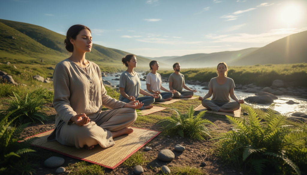 A serene meditation scene featuring a diverse group of individuals practicing mindfulness in a tranquil, sunlit environment. In the foreground, a calm person sits cross-legged on a soft mat, wearing comfortable, modest clothing, surrounded by gentle green plants and smooth stones. In the middle, a small group practices deep breathing, with their eyes closed and peaceful expressions, reflecting harmony and balance. The background showcases a tranquil landscape with a flowing stream and soft hills under a bright blue sky, radiating a sense of calm and serenity. The lighting is warm and natural, casting soft shadows, creating an atmosphere of tranquility and spiritual connection. The overall mood is peaceful, inviting viewers to reflect on mindfulness and meditation practices.