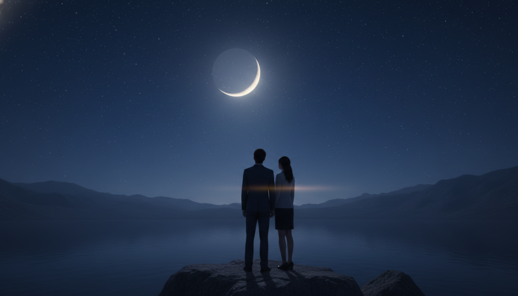 A serene night scene showcasing the Moon and Venus in a deep, starry sky represents the theme of deep emotional connections. In the foreground, gently illuminated silhouettes of two individuals stand side by side, gazing up at the celestial display, dressed in professional attire to embody a sense of maturity and introspection. The middle layer features a softly glowing crescent Moon and a bright, radiant Venus, casting a delicate light on the figures below. The background is filled with a rich tapestry of twinkling stars and a deep indigo sky, suggesting depth and the mysteries of relationships. The atmosphere is tranquil and reflective, with subtle highlights creating a sense of warmth and connection between the figures, inviting viewers to contemplate the complexities of compatibility. A serene night scene showcasing the Moon and Venus in a deep, starry sky represents the theme of deep emotional connections. In the foreground, gently illuminated silhouettes of two individuals stand side by side, gazing up at the celestial display, dressed in professional attire to embody a sense of maturity and introspection. The middle layer features a softly glowing crescent Moon and a bright, radiant Venus, casting a delicate light on the figures below. The background is filled with a rich tapestry of twinkling stars and a deep indigo sky, suggesting depth and the mysteries of relationships. The atmosphere is tranquil and reflective, with subtle highlights creating a sense of warmth and connection between the figures, inviting viewers to contemplate the complexities of compatibility.