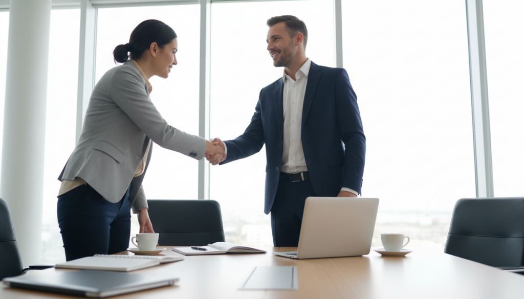 A serene office environment depicting two professionals ending a discussion amicably. In the foreground, a thoughtful man in business attire, with a confident smile, gently extends his hand for a handshake, symbolizing resolution. Beside him, a woman in smart casual clothing nods appreciatively, indicating agreement. In the middle ground, a sleek wooden conference table with notepads, pens, and a laptop, showcasing a productive setting. The background reveals large windows letting in soft, natural light, creating a warm atmosphere that signifies collaboration and understanding. The overall mood is positive and constructive, emphasizing a return to everyday contact and reinforcing the theme of conflict resolution. The lighting should be bright yet soft, highlighting the subjects’ expressions, captured from a slightly low angle to enhance their presence. A serene office environment depicting two professionals ending a discussion amicably. In the foreground, a thoughtful man in business attire, with a confident smile, gently extends his hand for a handshake, symbolizing resolution. Beside him, a woman in smart casual clothing nods appreciatively, indicating agreement. In the middle ground, a sleek wooden conference table with notepads, pens, and a laptop, showcasing a productive setting. The background reveals large windows letting in soft, natural light, creating a warm atmosphere that signifies collaboration and understanding. The overall mood is positive and constructive, emphasizing a return to everyday contact and reinforcing the theme of conflict resolution. The lighting should be bright yet soft, highlighting the subjects’ expressions, captured from a slightly low angle to enhance their presence.