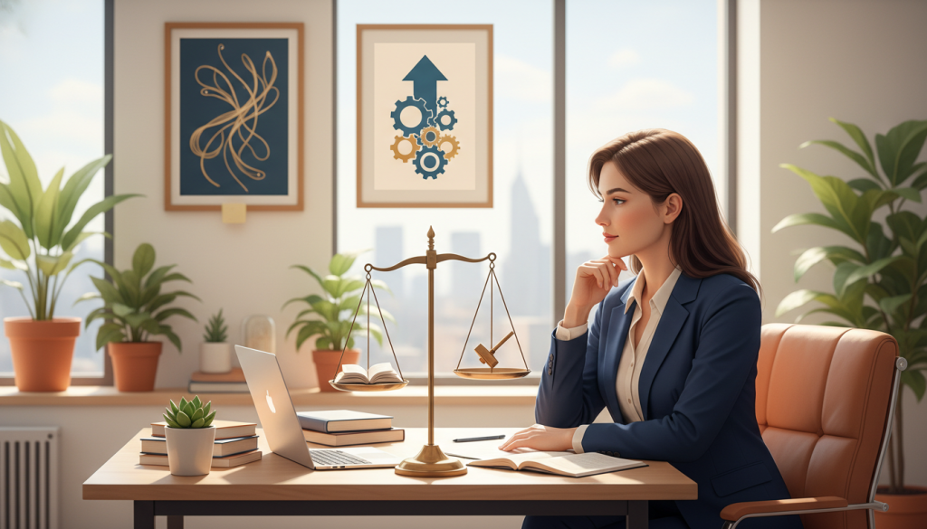 A serene office environment symbolizing balance and harmony, featuring a modern workspace with a well-organized desk. In the foreground, a professional woman in business attire is engaged in a thoughtful pose, gazing at a balanced scale representing equilibrium. The middle ground showcases a large window with soft, natural light spilling in, illuminating plants and art that symbolize values of justice and diligence. In the background, a city skyline is faintly visible, subtly indicating a vibrant work-life. The overall atmosphere conveys calm professionalism with a warm color palette, emphasizing the importance of balance in daily work routines and values. The lighting is soft and inviting, creating a harmonious mood that reflects the essence of ‘Libra’ in a work context.