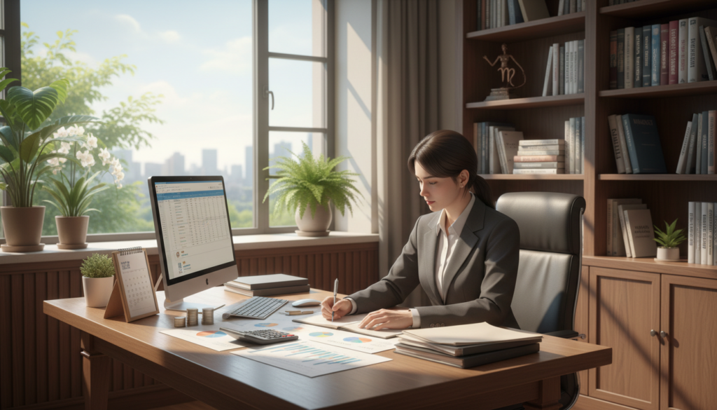 A serene office scene illustrating the diligent nature of Virgo when it comes to work and income. In the foreground, a focused Virgo individual in professional attire, sitting at a neatly organized desk filled with charts and financial documents, symbolizing meticulous planning and efficiency. The middle ground features a large window showing a sunny day outside, with plants providing a touch of nature. In the background, a sophisticated bookshelf filled with self-improvement and financial literature suggests a commitment to growth and knowledge. Soft, natural lighting enhances the welcoming atmosphere, casting gentle shadows that evoke a sense of tranquility and dedication. The overall mood is one of hard work, sacrifice, and consistent effort in pursuit of financial stability and success.