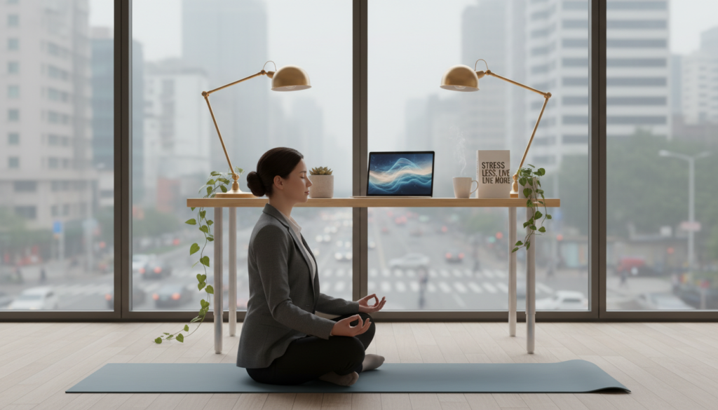 A serene office space, featuring a modern, minimalist design with large windows letting in soft, natural light. In the foreground, a focused professional wearing smart business attire is calmly meditating on a yoga mat, exuding tranquility amidst chaos. The middle ground showcases a neatly organized workspace with a laptop, plants, and a steaming cup of herbal tea, symbolizing mindfulness and balance. In the background, a blurry view of bustling city life, hinting at the outside drama. Ambient lighting creates a warm, comforting atmosphere, promoting a sense of peace and stability. The overall mood is one of calm resilience in the face of external pressures, highlighting effective strategies for managing stress. A serene office space, featuring a modern, minimalist design with large windows letting in soft, natural light. In the foreground, a focused professional wearing smart business attire is calmly meditating on a yoga mat, exuding tranquility amidst chaos. The middle ground showcases a neatly organized workspace with a laptop, plants, and a steaming cup of herbal tea, symbolizing mindfulness and balance. In the background, a blurry view of bustling city life, hinting at the outside drama. Ambient lighting creates a warm, comforting atmosphere, promoting a sense of peace and stability. The overall mood is one of calm resilience in the face of external pressures, highlighting effective strategies for managing stress.