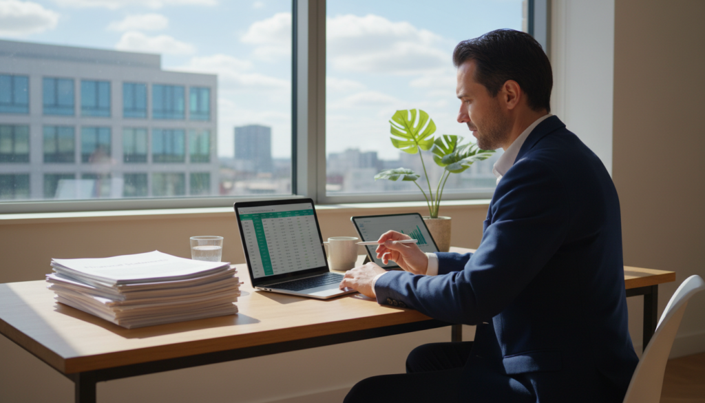 A serene office workspace bathed in soft, natural lighting, conveying a sense of stability and organization. In the foreground, a well-organized desk features a neatly stacked pile of financial documents, a laptop displaying a budgeting spreadsheet, and a potted plant symbolizing growth. The middle layer includes a focused individual in professional business attire, analyzing charts and graphs related to financial planning. In the background, a large window reveals a calm urban landscape, hinting at a clear blue sky and distant buildings. The overall mood is tranquil and productive, emphasizing clarity and order in financial management. The scene captures the essence of structured planning, reflecting the concepts of stability and simplicity. A serene office workspace bathed in soft, natural lighting, conveying a sense of stability and organization. In the foreground, a well-organized desk features a neatly stacked pile of financial documents, a laptop displaying a budgeting spreadsheet, and a potted plant symbolizing growth. The middle layer includes a focused individual in professional business attire, analyzing charts and graphs related to financial planning. In the background, a large window reveals a calm urban landscape, hinting at a clear blue sky and distant buildings. The overall mood is tranquil and productive, emphasizing clarity and order in financial management. The scene captures the essence of structured planning, reflecting the concepts of stability and simplicity.