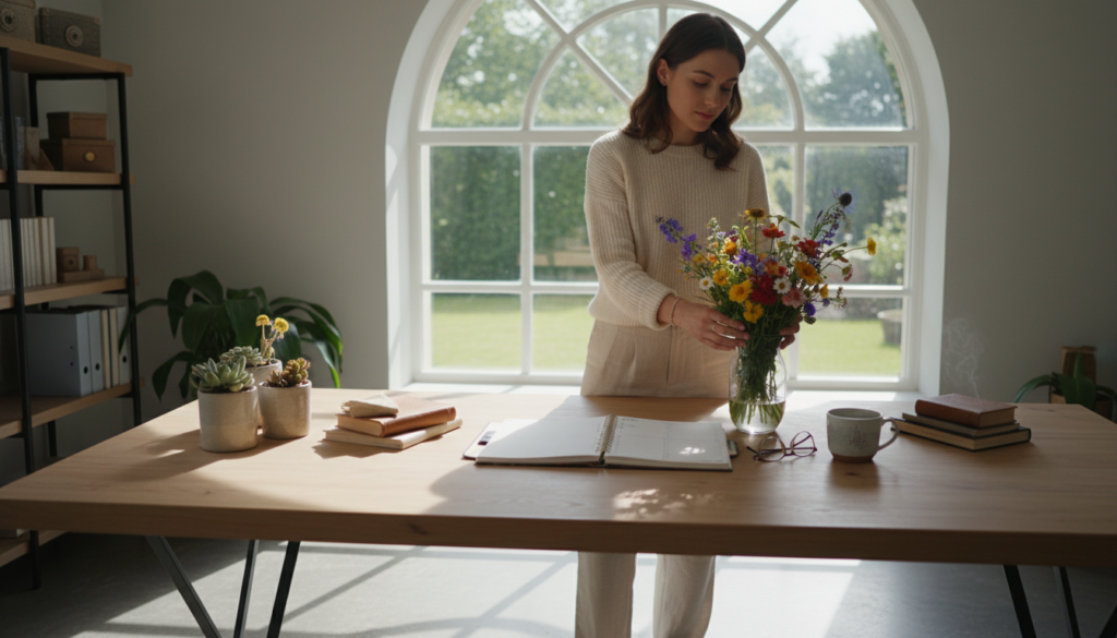 A serene, organized workspace environment symbolizing the positive traits of Virgo. In the foreground, a woman in smart casual attire meticulously arranges a bouquet of fresh wildflowers on a spacious wooden desk, radiating calm and focus. The middle ground features an open planner filled with neatly written notes, pens, and a steaming cup of herbal tea, emphasizing diligence and attention to detail. The background showcases a large window with soft, natural light streaming in, casting gentle shadows across the room, creating a peaceful atmosphere. The overall mood should be one of tranquility, highlighting Virgo's meticulous nature and positivity in day-to-day life, inviting a sense of order and serenity.