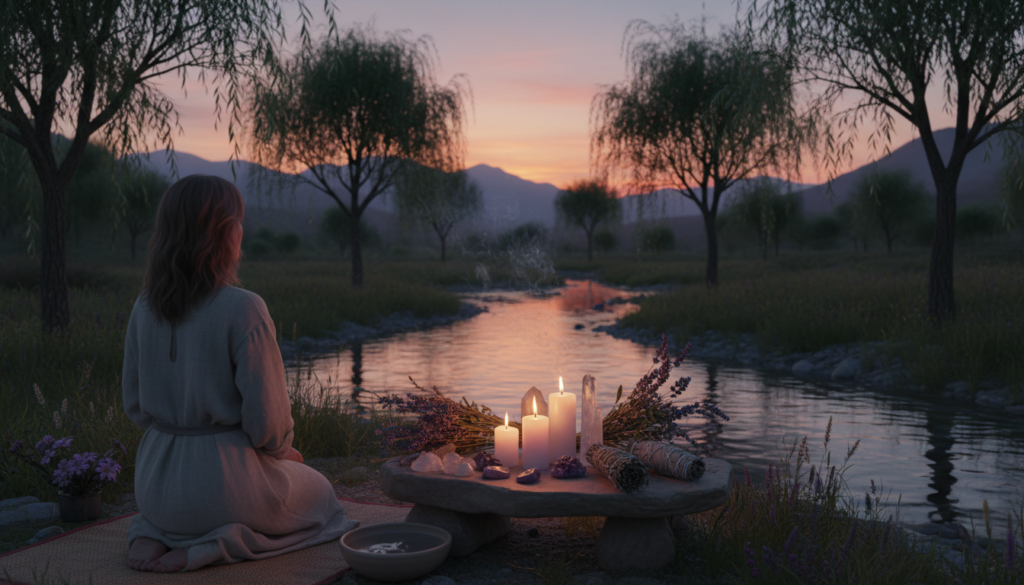 A serene ritual scene set in a tranquil outdoor environment at dusk. In the foreground, a person in modest, casual clothing is kneeling beside a small, carefully arranged altar adorned with candles, crystals, and dried herbs, symbolizing closure and transformation. The middle ground features softly swaying trees and a gentle stream, reflecting the calming hues of sunset—warm oranges and deep purples blending together. In the background, silhouettes of distant mountains provide a sense of peace and depth. The lighting is soft and ambient, casting a gentle glow on the scene, creating an atmosphere of introspection and healing. The overall mood is one of spiritual reflection and intentionality, emphasizing the transformative power of rituals. A serene ritual scene set in a tranquil outdoor environment at dusk. In the foreground, a person in modest, casual clothing is kneeling beside a small, carefully arranged altar adorned with candles, crystals, and dried herbs, symbolizing closure and transformation. The middle ground features softly swaying trees and a gentle stream, reflecting the calming hues of sunset—warm oranges and deep purples blending together. In the background, silhouettes of distant mountains provide a sense of peace and depth. The lighting is soft and ambient, casting a gentle glow on the scene, creating an atmosphere of introspection and healing. The overall mood is one of spiritual reflection and intentionality, emphasizing the transformative power of rituals.