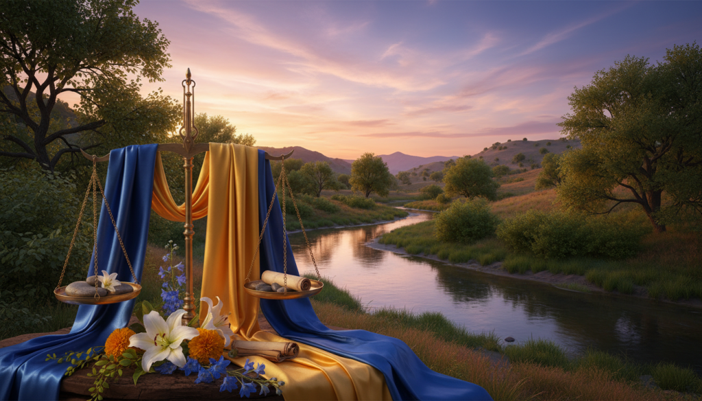 A serene scene capturing the essence of harmony inspired by Libra. In the foreground, a gracefully balanced scale, symbolizing fairness, is adorned with delicate flowers and soft, flowing fabrics in vibrant shades of blue and gold. In the middle ground, lush green foliage frames the scene, while a calm river reflects the harmonious colors of a sunset sky, blending warm oranges and cool purples. In the background, gentle hills rise under a softly glowing sky filled with wispy clouds, creating a peaceful atmosphere. The lighting is warm and inviting, suggestive of early evening, symbolizing balance and tranquility. The overall mood should evoke a sense of calm and equilibrium, emphasizing the importance of maintaining harmony in life.