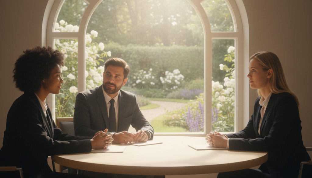 A serene scene depicting a calm, introspective moment symbolizing "trust." In the foreground, a diverse group of three individuals, dressed in professional attire, sits at a round table engaged in a deep conversation. Their expressions convey understanding and connection, with soft smiles and open body language. In the middle ground, a gentle light filters through a large window, casting warm rays across the table, enhancing the atmosphere of openness and honesty. The background features a tranquil garden visible through the window, with vibrant greenery and soft blooms symbolizing growth and harmony. The lighting is warm and inviting, creating a mood of safety and trust, perfect for illustrating the dynamics of relationships and the importance of boundaries. The angle captures the group's engagement while maintaining a sense of intimacy, inviting the viewer into the moment.