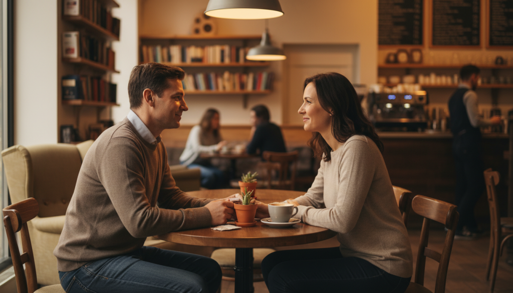 A serene scene depicting a couple in a harmonious conversation, seated at a cozy café table adorned with coffee cups and a small potted plant, symbolizing emotional connection. The foreground showcases the couple, a man and a woman, dressed in smart casual attire, engaged in eye contact and gentle smiles, illustrating trust and openness. In the middle ground, the café setting is warm and inviting, with soft lighting casting a golden glow, enhancing the intimate atmosphere. The background features blurred outlines of other patrons, creating a sense of community while maintaining a focus on the couple. The overall mood is warm, romantic, and uplifting, evoking feelings of security and affection, perfect for strengthening fidelity in a long-term relationship.