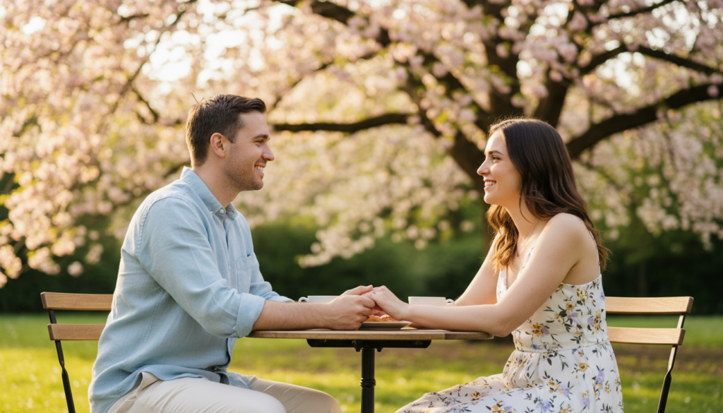 A serene scene depicting a couple sitting together at a sunlit café table in a lush park, engaged in a deep conversation. The foreground shows their hands gently resting on the table, conveying connection and understanding. In the middle, the couple, dressed in casual yet stylish attire, are smiling and maintaining eye contact, symbolizing openness and clarity. The background features blooming flowers and soft green trees, highlighting renewal and new beginnings. Warm sunlight filters through the leaves, creating a hopeful and inviting atmosphere. The composition should evoke feelings of warmth, trust, and clarity in relationships, captured from a slight angle to enhance intimacy and connection. A serene scene depicting a couple sitting together at a sunlit café table in a lush park, engaged in a deep conversation. The foreground shows their hands gently resting on the table, conveying connection and understanding. In the middle, the couple, dressed in casual yet stylish attire, are smiling and maintaining eye contact, symbolizing openness and clarity. The background features blooming flowers and soft green trees, highlighting renewal and new beginnings. Warm sunlight filters through the leaves, creating a hopeful and inviting atmosphere. The composition should evoke feelings of warmth, trust, and clarity in relationships, captured from a slight angle to enhance intimacy and connection.