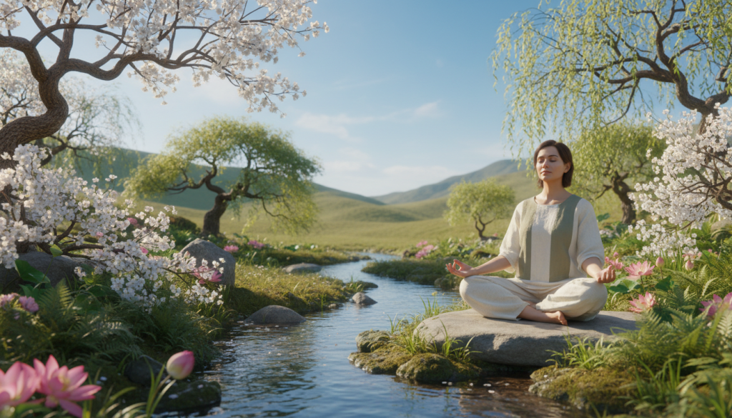 A serene scene depicting a person sitting cross-legged in a peaceful, Zen-like garden, embodying the concept of self-love and inner harmony. In the foreground, the individual—a woman in modest casual clothing, with a calm, meditative expression—surrounded by blooming flowers and lush greenery, representing growth and renewal. The middle ground features a softly flowing stream, reflecting dappled sunlight that filters through the trees, creating a warm and inviting atmosphere. In the background, gentle hills rise under a clear blue sky, adding depth and tranquility to the composition. The lighting is soft and diffused, evoking a sense of warmth and peace, as if the environment is embracing the subject. The overall mood is introspective and uplifting, illustrating the beauty of self-acceptance and inner balance.