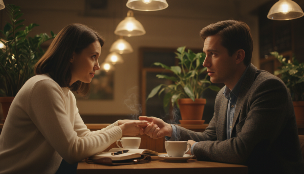 A serene scene depicting emotional connection and empathy, focusing on two individuals sitting together in a cozy café. In the foreground, a woman with gentle features and soft, inviting eyes gestures warmly as she listens to her companion, a man dressed in casual but neat attire. The middle ground shows a small table adorned with two steaming cups of tea and an open notebook, symbolizing heartfelt conversation. In the background, soft ambient lighting from hanging pendant lamps creates a warm, intimate atmosphere, while lush green plants add a touch of nature. The angle captures their expressions and interactions closely, evoking a sense of comfort and understanding. The overall mood is calm, reflective, and supportive, highlighting the emotional strengths of connection and empathy.