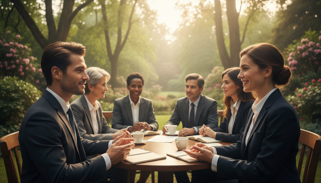 A serene scene depicting the concept of balance and relationships, featuring a diverse group of individuals engaged in thoughtful discussions. In the foreground, two individuals, a man and a woman dressed in professional business attire, are exchanging ideas with warm expressions, symbolizing harmony. In the middle ground, other people are gathered around a round wooden table, immersed in dialogue, showing collaboration and mutual respect. The background features a lush garden with leafy trees and soft sunlight filtering through, creating a tranquil ambiance. The composition invites a sense of peaceful coexistence and thoughtful engagement. The lighting is soft and golden, adding warmth to the scene, captured with a slight depth of field to emphasize the subjects in focus while gently blurring the background.