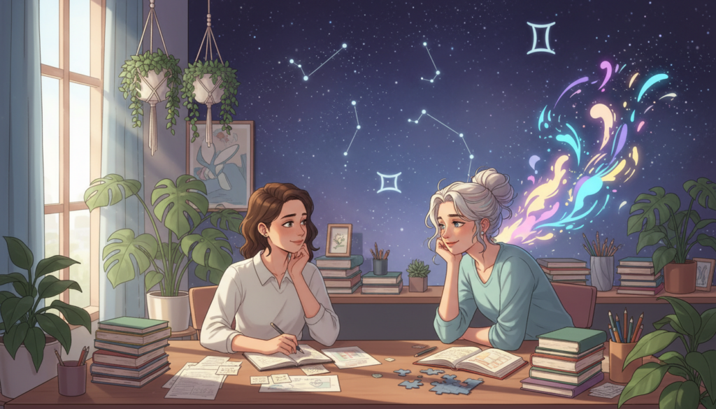 A serene scene depicting the mental connection between a Virgo and Gemini. In the foreground, a Virgo figure sits at a desk, deeply engaged in thought, surrounded by organized books and notes symbolizing analytical skills. In contrast, a Gemini figure leans in playfully, their vibrant energy sparking creativity. Their faces radiate warmth and understanding, showcasing a profound mental bond. In the middle ground, soft ambient lighting emphasizes their expressions, creating a cozy workspace filled with plants and light hues. The background features a celestial theme with subtle stars and zodiac symbols, suggesting a connection to their astrological signs. The atmosphere is one of inspiration, collaboration, and harmony.