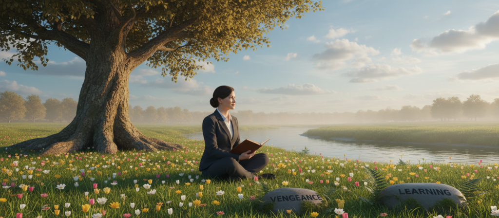 A serene scene depicting the theme of inner growth and transformation, specifically focusing on vengeance evolving into learning. In the foreground, a contemplative individual, dressed in professional business attire, sits cross-legged on a vibrant, green meadow, surrounded by blossoming flowers symbolizing new beginnings. In the middle ground, a majestic tree with strong roots represents stability and growth, its branches stretching towards a clear blue sky filled with soft, white clouds. In the background, a gentle river flows, reflecting the sunlight, creating a tranquil atmosphere. Soft, warm lighting bathes the entire scene, evoking a sense of peace and introspection. The mood conveys a harmonious balance between nature and personal development, illustrating the journey from rage to understanding.