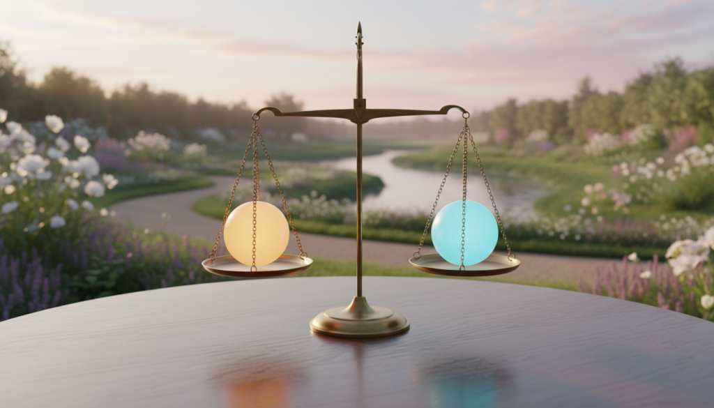 A serene scene embodying equilibrium and harmony, featuring a beautifully balanced scale in the foreground, set on a polished wooden table. Each side of the scale holds a glowing orb, one radiating warm golden light and the other a cool blue, representing justice and balance. In the middle ground, a sunlit garden filled with harmonious plants and flowers, with soft greenery and gentle curves. A peaceful river flows behind the garden, reflecting the colors of the sky at dawn. The background showcases a soft pastel sky with hints of pink and orange, conveying tranquility. The lighting is warm and inviting, highlighting the details of the scale and garden, with a slight depth of field that draws attention to the foreground. The overall atmosphere is one of peace and balance, perfectly illustrating the mission of Libra.