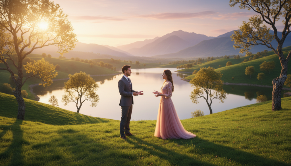 A serene scene illustrating harmony, depicting a balance between earth and sky. In the foreground, a pair of elegantly dressed individuals—one wearing a crisp, professional suit and the other in a modest, stylish dress—engage in a calm discussion, symbolizing healthy agreements and compatibility. In the middle ground, gentle hills covered in vibrant green grass lead to a tranquil lake, reflecting soft hues of pink and orange from a sunset sky. The background features a soft blur of distant mountains, creating depth. The lighting is warm and inviting, with golden rays filtering through the trees, casting dappled shadows. The overall mood is peaceful and hopeful, emphasizing the possibility of balanced relationships amidst challenges.