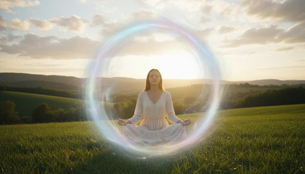 A serene scene illustrating the concept of "healing astral essence" after a toxic relationship. In the foreground, a young adult woman in a flowing, modest light-colored dress sits cross-legged on a soft, grassy meadow. She has gentle, serene features, with closed eyes and a peaceful expression, radiating calm energy. The middle ground features swirling ethereal light and pastel colors, resembling an aurora, symbolizing healing and renewal enveloping her form. In the background, a tranquil landscape with soft hills and a bright sky filled with soft, fluffy clouds enhances the mood. The scene is bathed in soft, golden light suggesting dawn, creating an uplifting and hopeful atmosphere. Capture this from a slightly elevated angle, focusing on her figure surrounded by the radiant energy.