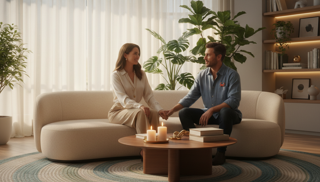 A serene, thoughtfully designed living space that embodies a sense of security and connection between Libra and Cancer. In the foreground, two elegantly dressed individuals—a man and a woman—are seated comfortably on a cozy, modern couch, engaged in a warm conversation. The woman, dressed in a soft, flowing blouse and the man in a stylish button-up shirt, exudes a sense of harmony and openness. In the middle ground, there is a beautifully arranged coffee table with a few decorative elements like candles and books, symbolizing shared interests. The background features a tranquil scene of soft lighting filtering through sheer curtains, with peaceful indoor plants enhancing the ambiance. The overall mood is inviting, intimate, and balanced, representing the themes of commitment, safety, and a vibrant social life. The image is captured in soft, natural lighting to convey warmth and comfort.