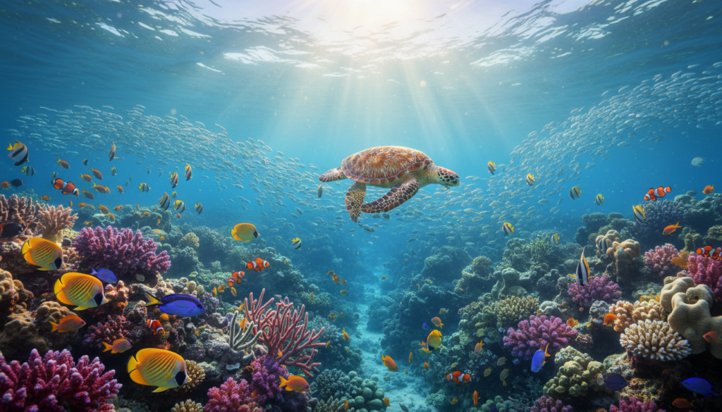 A serene underwater scene depicting a colorful coral reef teeming with life, symbolizing abundance. In the foreground, a diverse array of vibrant fish swims gracefully among the corals, displaying shades of gold, blue, and orange, while a gentle light filters down from the surface, creating a warm, inviting glow. In the middle ground, a majestic sea turtle glides smoothly, representing wisdom and longevity, surrounded by schools of small, shimmering fish. The background reveals deeper waters, with soft shadows and hints of sunlight breaking through, adding depth to the scene. The overall mood evokes a sense of peace and prosperity, capturing the essence of financial strength and the flow of abundance in a harmonious underwater world. A serene underwater scene depicting a colorful coral reef teeming with life, symbolizing abundance. In the foreground, a diverse array of vibrant fish swims gracefully among the corals, displaying shades of gold, blue, and orange, while a gentle light filters down from the surface, creating a warm, inviting glow. In the middle ground, a majestic sea turtle glides smoothly, representing wisdom and longevity, surrounded by schools of small, shimmering fish. The background reveals deeper waters, with soft shadows and hints of sunlight breaking through, adding depth to the scene. The overall mood evokes a sense of peace and prosperity, capturing the essence of financial strength and the flow of abundance in a harmonious underwater world.
