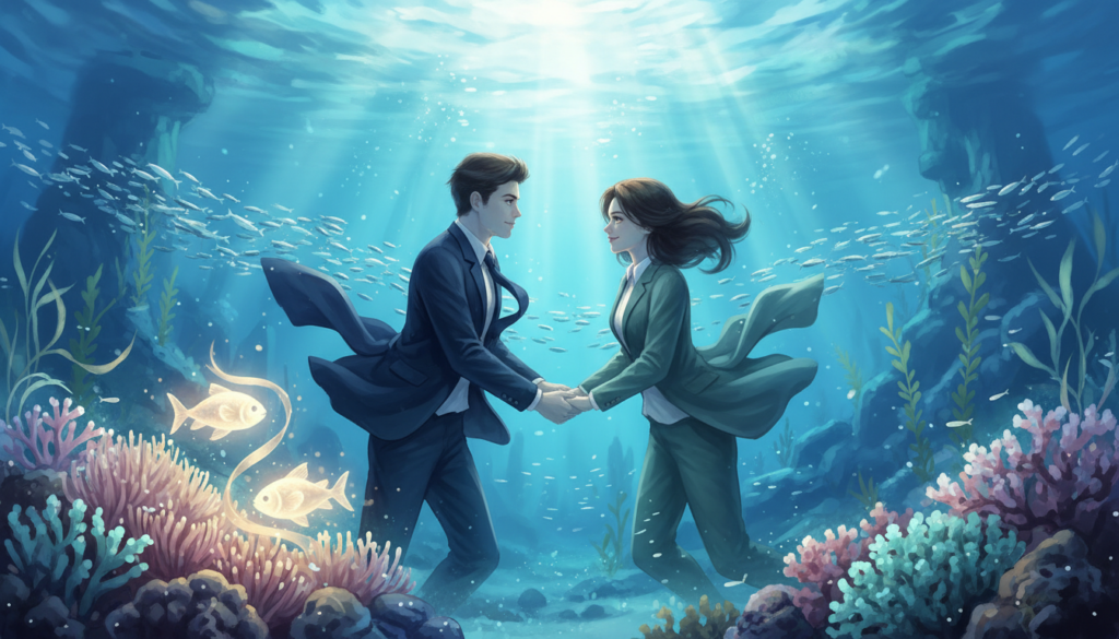 A serene underwater scene depicting the emotional world of Pisces, showcasing the duality of a Pisces man and woman in their romantic element. In the foreground, a gracefully swaying anemone with two luminous fish representing the Pisces sign, illuminating the vibrant coral surroundings. In the middle ground, the man and woman are depicted in professional business attire, peacefully exchanging soft smiles, embodying empathy and deep emotional connection. Their features are elegant yet subtle, conveying kindness. The background features a dreamy underwater landscape with soft rays of light filtering through the surface, casting a tranquil blue hue. The mood is gentle and harmonious, evoking feelings of compassion and love. Use a wide-angle lens to capture the depth of the scene while maintaining focus on the Pisces couple.
