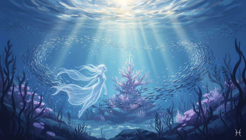A serene underwater scene embodying the essence of "propósito," showcasing ethereal aquatic life. In the foreground, a graceful, translucent figure representing the sign Pisces, draped in flowing, luminescent garments, emanates tranquility. The middle ground features swirling schools of fish and gentle sea plants, creating a vibrant, harmonious atmosphere. In the background, soft beams of light filter through the water, illuminating a mystical coral reef that symbolizes spiritual growth and collective unity. The color palette consists of soothing blues, gentle purples, and hints of gold, evoking a sense of peace and introspection. The mood is contemplative and uplifting, captured from a slightly low angle to enhance the depth of the underwater world, emphasizing the connection between self-discovery and the greater whole.