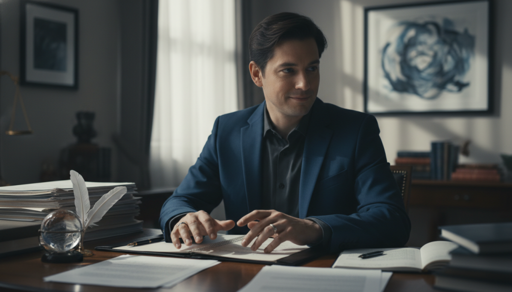 A serene workspace featuring a well-dressed individual, sitting at a polished wooden desk cluttered with paperwork and a crystal globe, subtly conveying a mood of quiet tension. In the foreground, show the person's hands, fingers drumming or fidgeting nervously, indicating internal conflict. In the middle ground, capture the individual’s expressive face, suggesting a mixture of charm and uncertainty, as they glance sideways with a knowing smile, hinting at manipulation. The background reveals dim lighting softened by natural light from a nearby window, adding warmth while casting gentle shadows that increase the atmosphere of intrigue. The overall color palette is muted, with hints of blue and gray, reflecting the complexities of the Libra personality in a professional yet relatable setting.