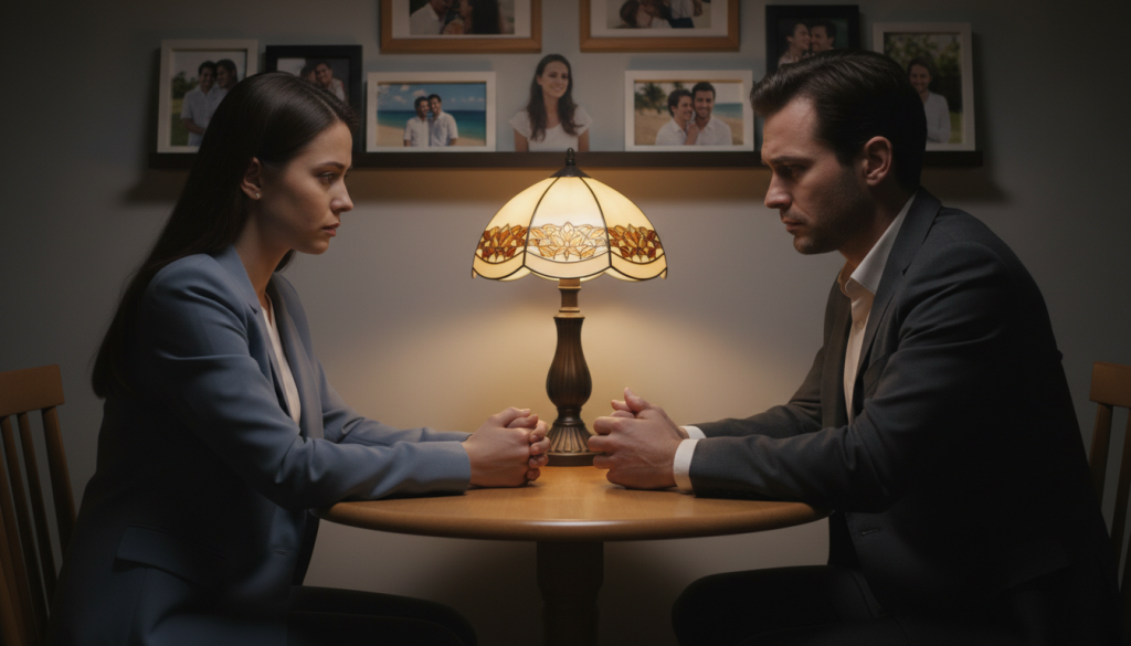 A serene yet somber indoor scene illustrating relational signals in a couple's dynamic. In the foreground, a couple sits opposite each other at a small table, both with concerned expressions, conveying tension and vulnerability. The woman, dressed in modest business attire, has her hands clasped on the table, while the man, also in professional clothing, leans slightly forward, displaying an attentive but troubled demeanor. In the middle ground, a dimly lit lamp casts a warm glow, highlighting the couple, while shadows create an atmosphere of uncertainty. The background features soft-focus photographs of the couple during happier times, emphasizing contrast. The mood is reflective and contemplative, ideal for exploring underlying issues in intimate relationships.
