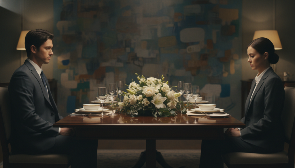 A serene yet tension-filled scene depicting a beautifully set dinner table in a softly lit room, where two individuals in professional business attire sit at opposite ends, avoiding eye contact, embodying the theme of conflict evasion. The foreground features delicate wine glasses and an intricate floral centerpiece, while the middle captures the two figures surrounded by an elegant, dim ambiance that enhances their unease. In the background, abstract shadows and muted colors suggest unspoken words and underlying tension, creating a contrasting sense of harmony that feels almost suffocating. The warm golden lighting casts a gentle glow, highlighting the subtle emotional distance between the characters, evoking a mood of silent struggle and unacknowledged conflict. A serene yet tension-filled scene depicting a beautifully set dinner table in a softly lit room, where two individuals in professional business attire sit at opposite ends, avoiding eye contact, embodying the theme of conflict evasion. The foreground features delicate wine glasses and an intricate floral centerpiece, while the middle captures the two figures surrounded by an elegant, dim ambiance that enhances their unease. In the background, abstract shadows and muted colors suggest unspoken words and underlying tension, creating a contrasting sense of harmony that feels almost suffocating. The warm golden lighting casts a gentle glow, highlighting the subtle emotional distance between the characters, evoking a mood of silent struggle and unacknowledged conflict.
