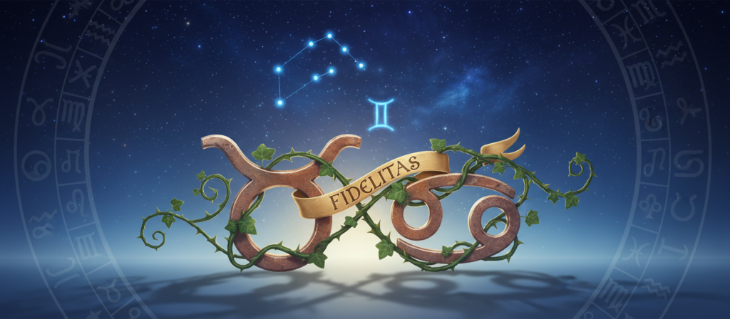 A serene zodiac-themed scene depicting the concept of fidelity in astrology. In the foreground, two zodiac symbols intricately designed, representing the most faithful signs: Taurus and Cancer, intertwined with lush green vines symbolizing loyalty. In the middle ground, a tranquil celestial landscape featuring the Gemini constellation, glowing gently under a night sky filled with soft stars. The background showcases a gradient sky transitioning from deep navy to twilight blue, enhancing the mystical mood. Soft, warm lighting illuminates the symbols, creating an inviting yet contemplative atmosphere. The composition should evoke a sense of contemplation and harmony, focusing on the theme of loyalty in relationships without human figures or other distractions.