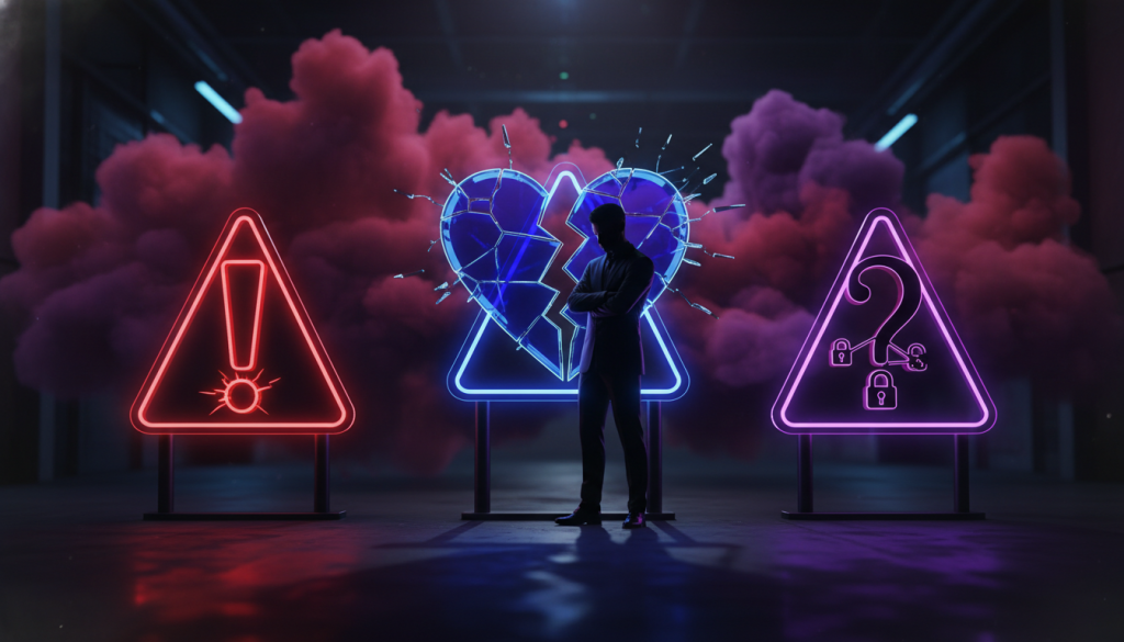 A series of vivid alert signs representing the emotional complexities of a Scorpio in love. In the foreground, bold and bright symbols such as an exclamation mark, a broken heart, and a shadowy silhouette of a person looking contemplative, dressed in stylish yet modest business attire. In the middle ground, soft, swirling clouds of deep reds and purples symbolize passion and intensity. The background features a dimly lit environment with subtle glow effects, creating a moody atmosphere. The lighting should be dramatic, casting shadows that hint at hidden emotions, utilizing a shallow depth of field to focus on the signs while softly blurring the background. Aim for a mysterious yet thought-provoking mood that captures the tension of Scorpio's love signals.