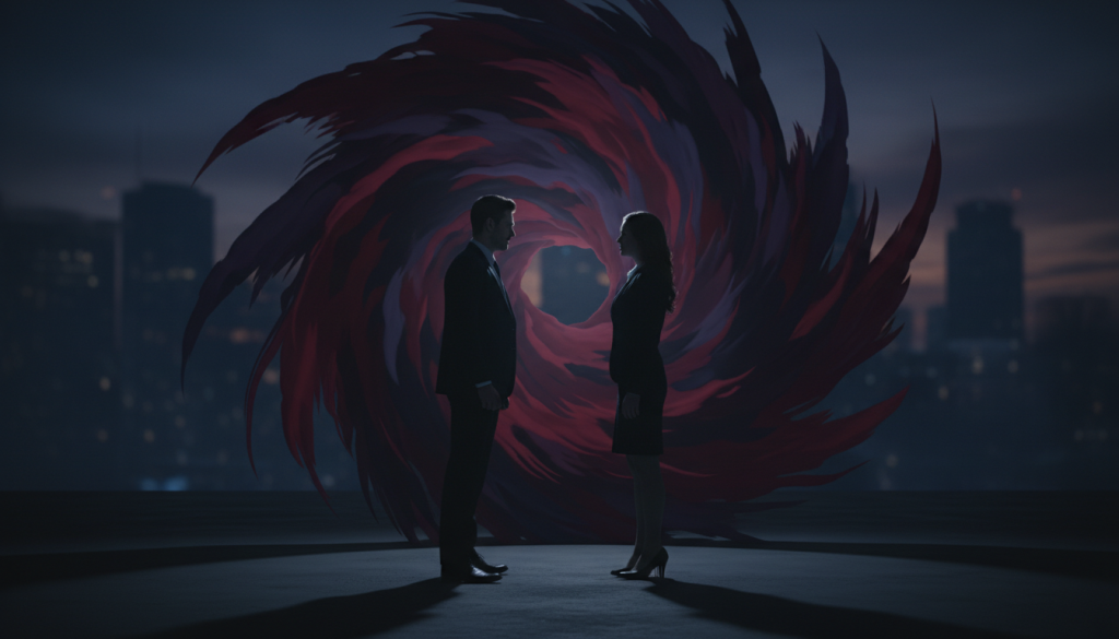 A shadowy, enigmatic scene illustrating the dark side of Scorpio in love. In the foreground, a couple stands facing each other, their expressions reflecting intensity and emotional depth. They are dressed in professional business attire, embodying a tense moment of conflict. The middle ground depicts swirling, abstract shapes symbolizing jealousy and passion, blending deep reds and dark purples to evoke a sense of turmoil. In the background, a hazy city skyline under a twilight sky, adding to the atmosphere of mystery. Soft, diffused lighting casts long shadows, enhancing the dramatic tone. The image conveys a moody and intense atmosphere, capturing the complexities of Scorpio's darker traits in relationships.