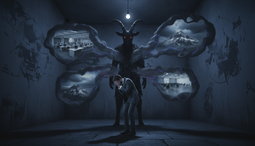 A shadowy figure representing Capricorn stands in a dimly lit room, embodying hidden fears. The foreground features a person in professional business attire, their face partially obscured, suggesting anxiety. In the middle ground, dark, swirling smoke surrounds them, symbolizing confusion and dread, with faint outlines of common real-world scenarios like a crowded office, a daunting mountain, and empty social spaces. The background is a subtle blend of deep blues and greys, evoking a somber atmosphere. The lighting is low, with a single overhead light casting dramatic shadows, enhancing the mood of unease. Use a narrow lens to focus on the figure, creating a sense of intimacy with their internal struggle, encapsulating the fear and tension associated with Capricorn’s hidden insecurities.