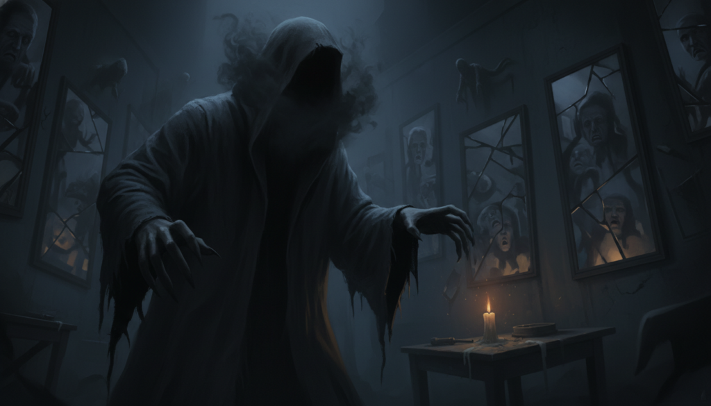 A shadowy figure representing fear, cloaked in dark, tattered robes, stands in the foreground, its face obscured in a swirling mist. The figure’s hands reach out, fingers elongated, suggesting a grasping of hidden thoughts. In the middle ground, a dimly lit room filled with distorted reflections in cracked mirrors represents inner turmoil and hidden truths. The atmosphere is thick with tension, illuminated by single, flickering candlelight casting eerie shadows. The background features ominous shapes lurking in the darkness, symbolizing unacknowledged fears and anxieties. Use a dramatic angle to create a sense of depth, enhancing the chilling mood. The color palette should consist of deep blues and blacks, with stark contrasts highlighted by the warm candlelight, to evoke a haunting yet contemplative atmosphere.