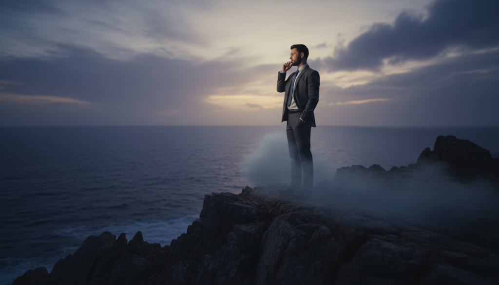 A shadowy, introspective scene depicting a Capricorn figure, a person dressed in professional business attire, standing on the edge of a cliff during twilight. Their expression is a mix of uncertainty and contemplation, symbolizing the fear of revealing their true emotions. In the foreground, dark rocks contrast with the soft, faded light illuminating their face, highlighting their internal struggle. The middle ground features swirling mist, enhancing the aura of secrecy and hidden fears surrounding them. In the background, a vast expanse of turbulent ocean blends with a dusky sky, suggesting the emotional turmoil within. The atmosphere is tense yet serene, evoking a sense of vulnerability and depth, with soft, diffused lighting that casts gentle shadows across the scene, using a wide-angle lens for an immersive perspective.