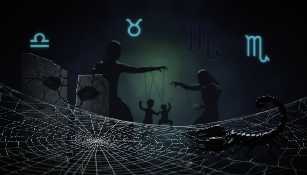 A shadowy, moody scene depicting the concept of manipulation through symbolic imagery. In the foreground, an intricate web of silken threads represents deceit, with a silhouetted scorpion lurking at one edge, poised and calculating. The middle section features subtle signs of manipulation, such as hidden eyes or shadowy figures in the backdrop—each one conveying an air of suspicion and intrigue. The background fades into a deep, dark gradient with cryptic symbols and astrological signs representing Scorpio, illuminated by a faint, eerie glow. The lighting is low and dramatic, creating stark contrasts and emphasizing the tense atmosphere of suspicion and strategy. The composition is balanced, focused predominantly on the central themes without distractions. A shadowy, moody scene depicting the concept of manipulation through symbolic imagery. In the foreground, an intricate web of silken threads represents deceit, with a silhouetted scorpion lurking at one edge, poised and calculating. The middle section features subtle signs of manipulation, such as hidden eyes or shadowy figures in the backdrop—each one conveying an air of suspicion and intrigue. The background fades into a deep, dark gradient with cryptic symbols and astrological signs representing Scorpio, illuminated by a faint, eerie glow. The lighting is low and dramatic, creating stark contrasts and emphasizing the tense atmosphere of suspicion and strategy. The composition is balanced, focused predominantly on the central themes without distractions.