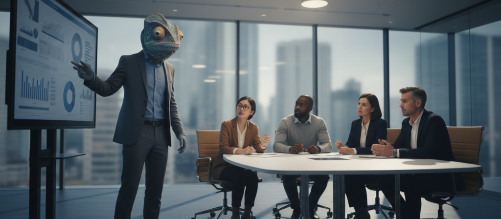 A social chameleon at a sleek modern office, blending in with a diverse group of professionals engaged in a strategic discussion. In the foreground, the chameleon has a slightly human-like face, wearing smart business attire, showcasing its ability to adapt. The middle ground features attentive individuals of various ethnicities, dressed in business casual, with focused expressions and gesturing hands, indicating lively communication. The background reveals a contemporary office with glass walls, soft lighting filtering in, creating a warm yet serious atmosphere. Subtle shadows add depth, enhancing the feeling of intrigue and manipulation. The overall mood is dynamic and somewhat mysterious, emphasizing themes of adaptability and social maneuvering.