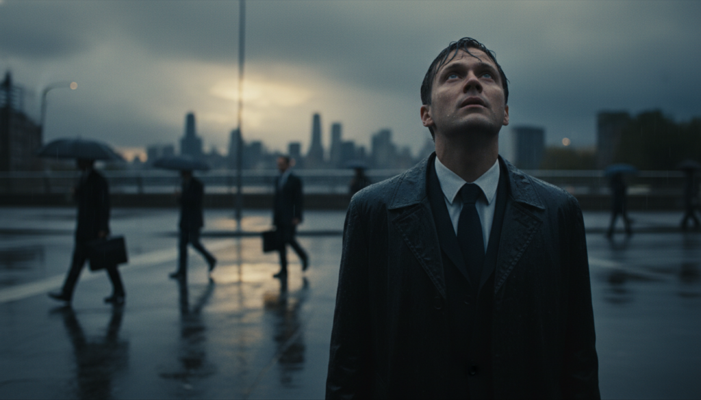 A somber, introspective scene capturing the essence of escapism. In the foreground, a solitary figure dressed in professional business attire stands at a rain-soaked street corner, gazing upwards. Their expression conveys a mix of wonder and hesitation, suggesting a longing to flee reality. In the middle ground, blurred figures walk purposefully by, representing the chaos and responsibilities of everyday life. Reflective puddles on the pavement mirror a warped skyline, hinting at an unreachable world beyond. The background features dark storm clouds, contrasting with a small glimmer of sunlight breaking through, symbolizing hope yet overshadowed by uncertainty. The overall mood is melancholic yet contemplative, emphasizing the tension between escapism and responsibility. The lighting is moody, with a soft focus on the figure and sharper details in the background, creating a cinematic feel.