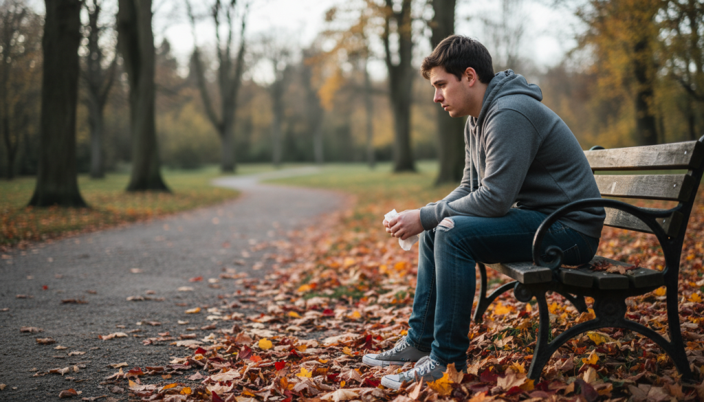 A somber, introspective scene depicting a person sitting on a park bench, surrounded by fallen autumn leaves, symbolizing the pain of heartbreak. The individual, a young adult in modest, casual clothing, gazes thoughtfully into the distance, with a subtle expression of sadness. Midground features a blurred pathway leading to a soft-focus background of trees, their leaves slightly rustling in a gentle breeze. The lighting is soft and diffused, creating a melancholic yet peaceful atmosphere, reminiscent of late afternoon. The camera angle is slightly elevated, focusing on the individual while capturing the serene nature of the park, inviting viewers into their moment of reflection as they navigate the healing process after a breakup.