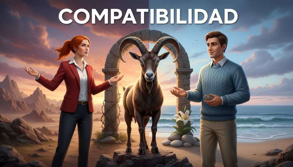 A split scene illustrating the concept of "compatibilidad" with Capricorn in the foreground, depicted as a strong, determined goat. On one side, a vibrant Aries figure, energetic and passionate, dressed in business casual attire, representing a challenging match. On the other side, a gentle Cancer figure, soft and nurturing, dressed in a modest sweater, symbolizing differences. The middle ground features contrasting elements: a rocky landscape on the Aries side, transitioning into a calm, serene beach on the Cancer side. The sky above is a gradient of twilight colors, blending warm and cool tones, casting soft light over the scene. The atmosphere conveys a sense of tension yet beauty, capturing the complexities of these astrological relationships.