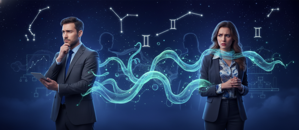 A split scene illustrating the differences between men and women Gemini in terms of jealousy. In the foreground, depict two individuals: a man and a woman, both representing Gemini traits. The man appears thoughtful, with a slight frown, wearing a crisp business suit, while the woman shows a concerned expression in smart casual attire, suggesting emotional complexity. In the middle ground, merge elements that symbolize jealousy, like shadowy figures or abstract shapes, glowing softly in blues and greens, creating an ethereal atmosphere. The background features a starry night sky, hints of constellations, particularly Gemini, accentuating the zodiac theme. Use soft, diffused lighting to create an introspective mood, with a wide-angle perspective that conveys connection and emotional tension.