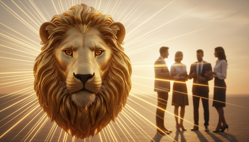 A striking image illustrating the concept of "atención signo" for the astrological sign of Leo. In the foreground, prominently display a golden lion's head, exuding confidence and warmth, symbolizing Leo's desire for attention. Surrounding the lion, incorporate glowing golden rays emanating outward, representing the emotional currency of attention. In the middle ground, a soft, blurred silhouette of a group of people engaged in attentive conversation, wearing smart casual clothing, depicting connection and engagement. The background features a warm sunset sky in gradient shades of orange and yellow, enhancing the inviting atmosphere. The lighting is soft and radiant, highlighting the lion's majestic features and creating a sense of warmth and importance. The overall mood should evoke the vibrancy and passion often associated with Leo, emphasizing the power and significance of attention in relationships.