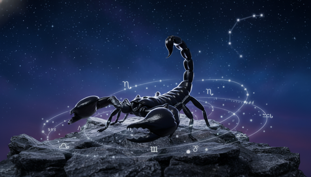 A striking representation of the Scorpio zodiac sign, featuring a majestic scorpion in the foreground, poised assertively on a rocky terrain. The scorpion should be detailed and lifelike, with glistening black exoskeleton and sharp pincers, symbolizing both attraction and danger. In the middle ground, subtly entwined cosmic symbols, like stars and constellations, orbit around the scorpion, conveying the mystical allure of Scorpio's traits. The background should depict a night sky filled with deep blues and purples, sprinkled with starry patterns, enhancing the intense atmosphere. Soft lighting should highlight the textures of the scorpion while casting intriguing shadows, creating a mood of mystery and fascination. Choose a slightly elevated angle to capture the entirety of the scorpion and its celestial surroundings.
