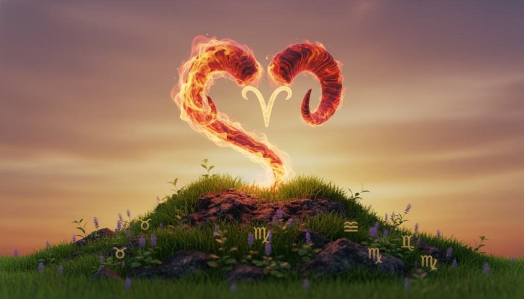 A striking visual representation of the concept "tierra y fuego", highlighting the contrast between earth and fire elements. In the foreground, depict a sturdy, textured earth mound with vibrant green grass and wildflowers, symbolizing Taurus, Virgo, and Capricorn. Through the middle, illustrate a dynamic flame in rich reds and oranges, representing Aries, swirling and dancing above the earth. The background features a soft, sunset sky in shades of purple and golden, casting warm, ethereal light on the scene. Use a shallow depth of field to focus on the interaction between the flames and the earthy ground, creating a sense of tension and balance. The mood should evoke a harmonious blend of strength and vitality, capturing the essence of compatibility.