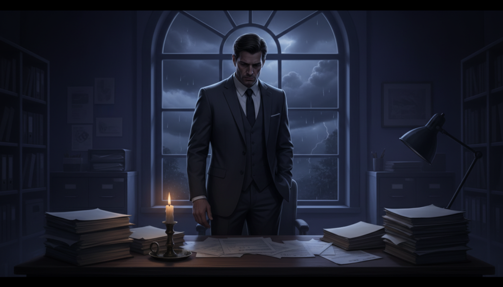 A strong Capricorn individual standing alone in a dimly lit office, surrounded by shadows that suggest a tense atmosphere. The character is dressed in professional business attire, conveying seriousness and focus. The foreground features a desk cluttered with paperwork and a single flickering candle, symbolizing internal conflict and contemplation. In the middle ground, a tall window reveals a stormy night outside, with heavy clouds rolling in, hinting at underlying drama. The background fades into dark, moody colors, emphasizing the solitary figure. The overall lighting is low, with dramatic contrasts casting deep shadows, reflecting the theme of internal tension rather than outward display. The mood is introspective, heavy, and filled with unspoken emotions.